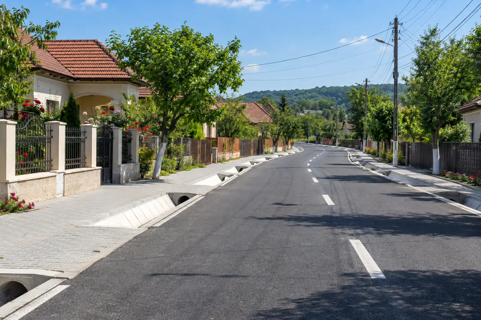 Drumul comunal asfaltat, cu trotuare noi