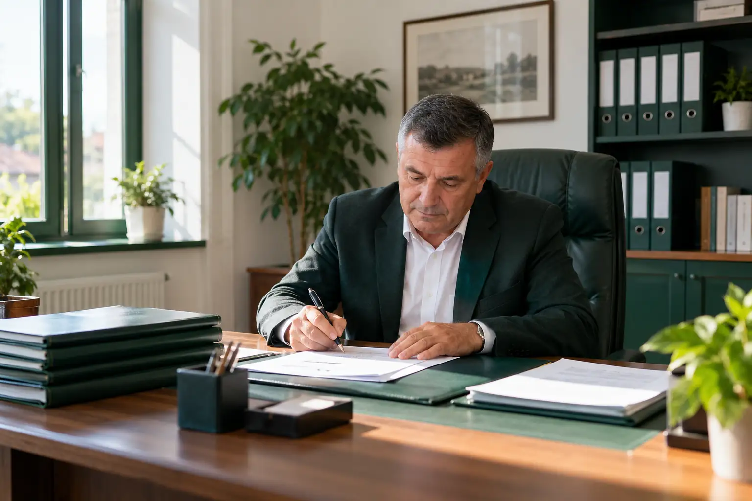 Primarul semnează documente la birou