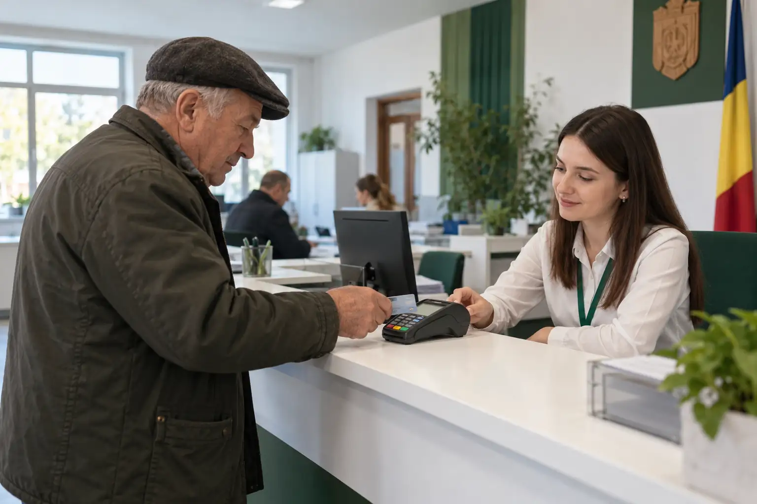 Un locuitor plătește taxele cu cardul, la casierie