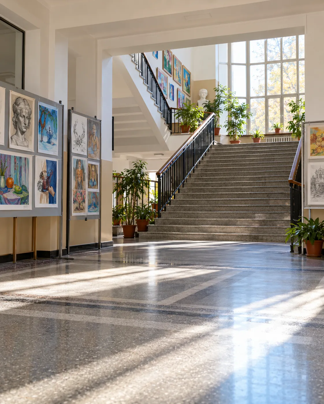 The main hall of the school, with the staircase and students’ work on the walls