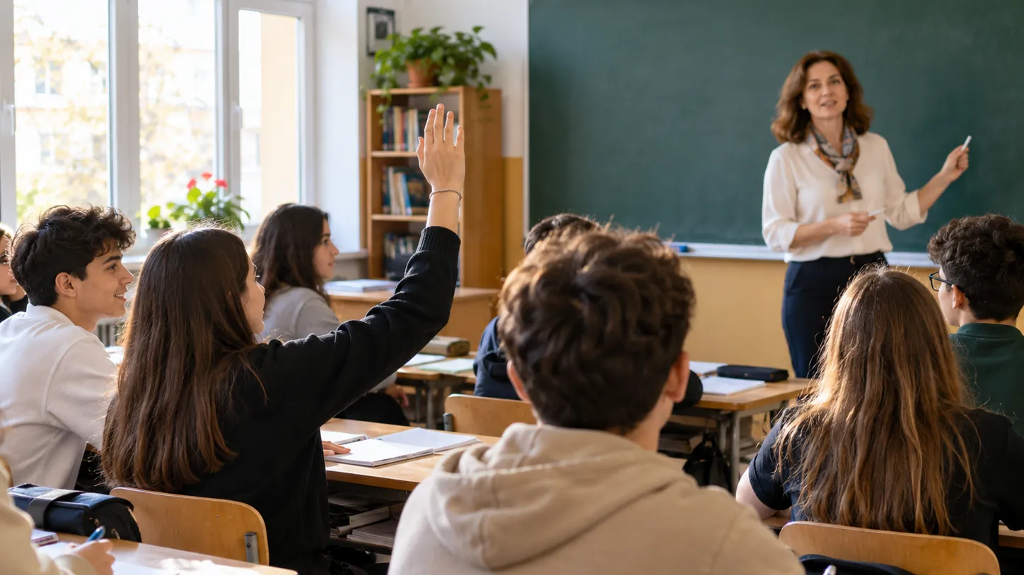 9th grade students in class, with the teacher at the board