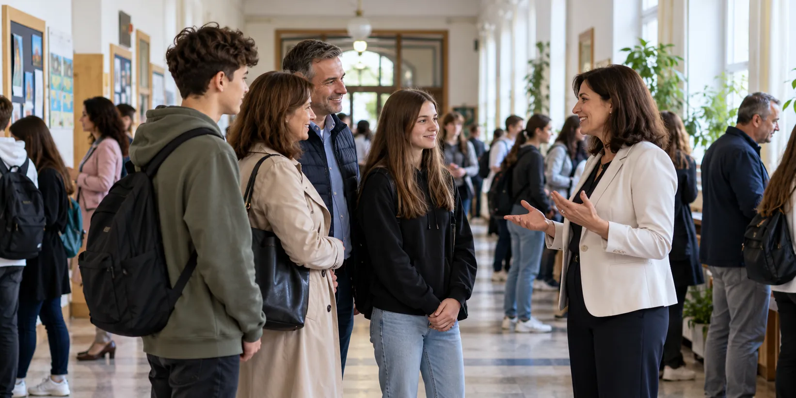 Parents, students and teachers in the school hallway on the open day