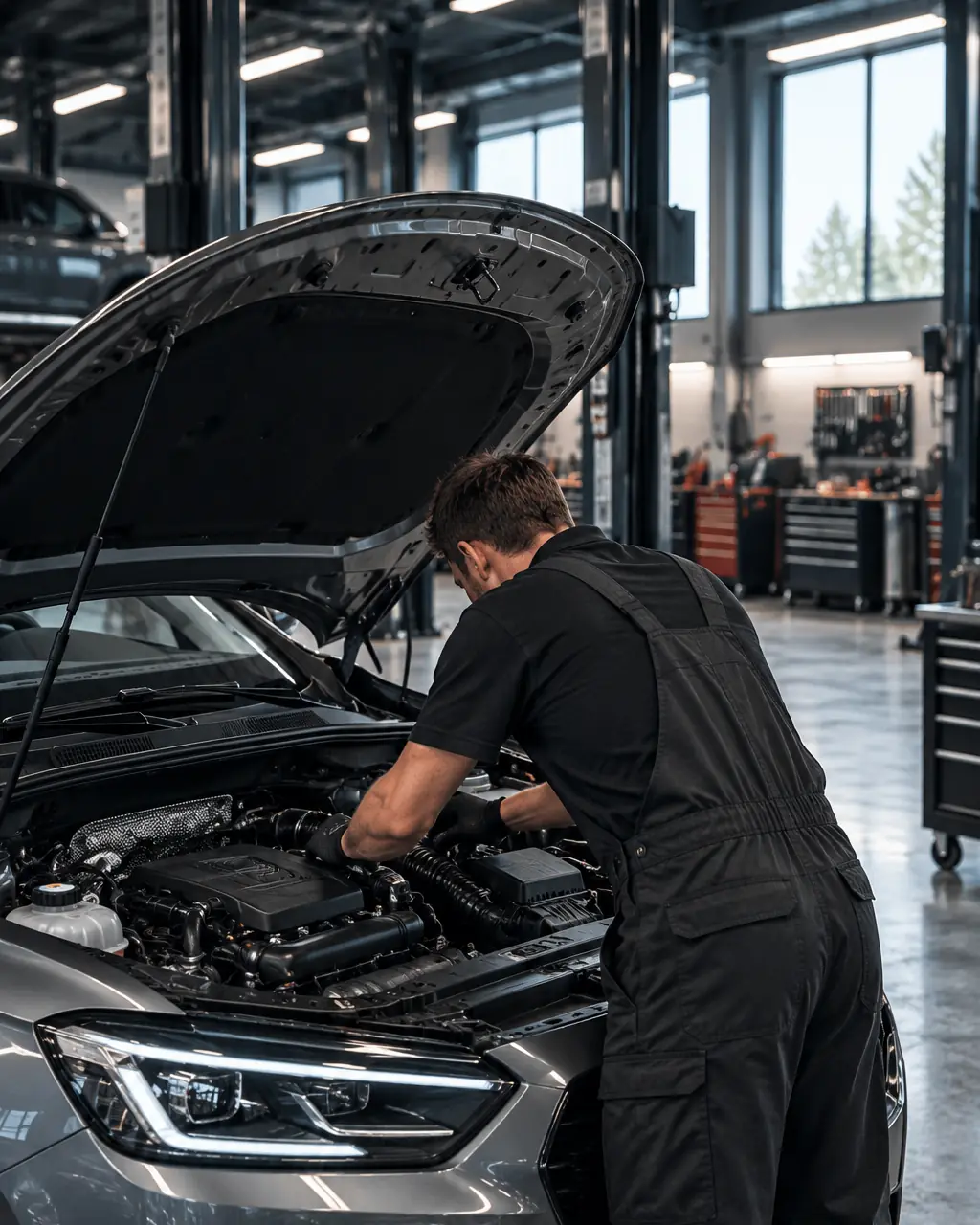 Mechanic working on the engine with the bonnet open
