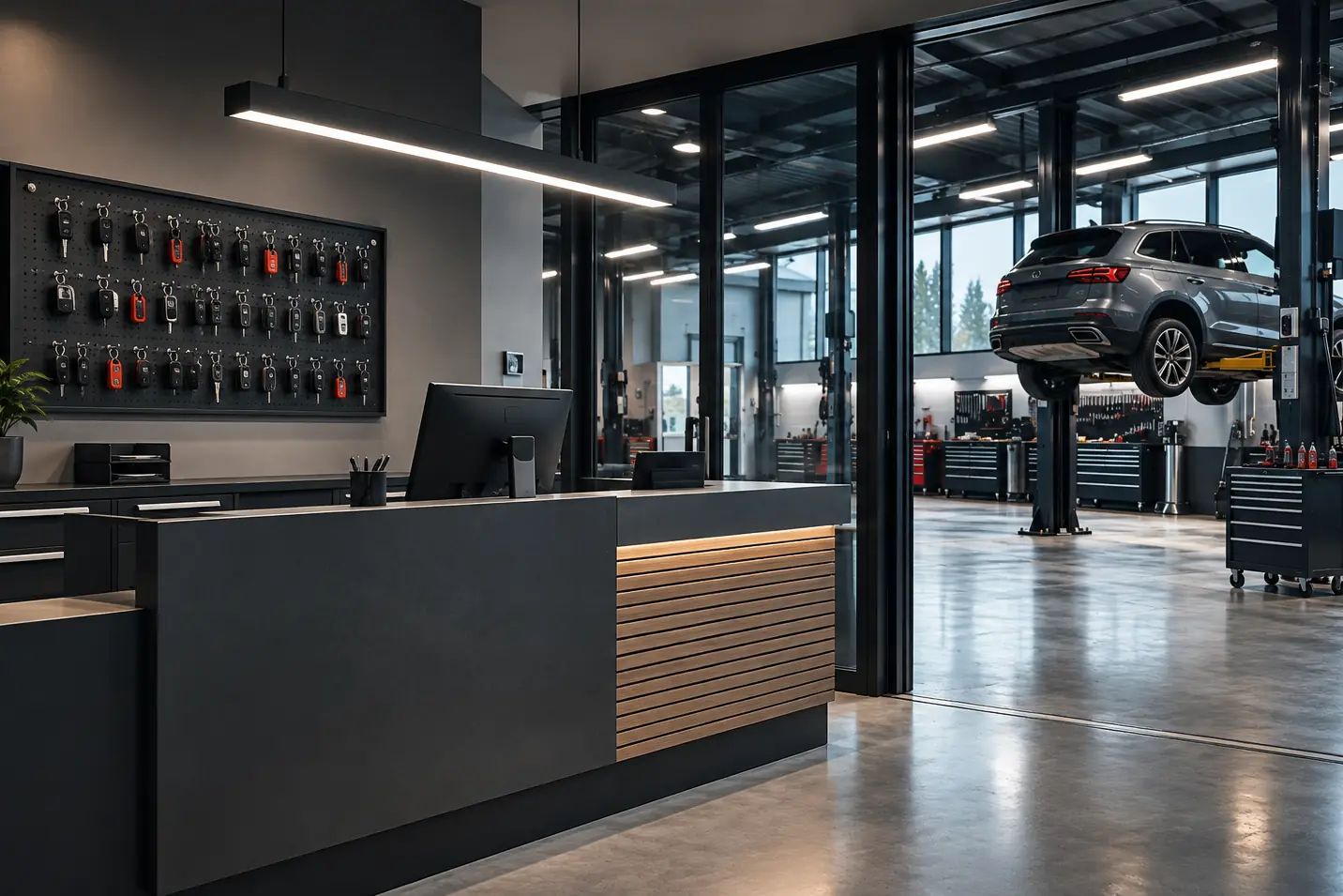 The service reception with a desk, a monitor and the key board