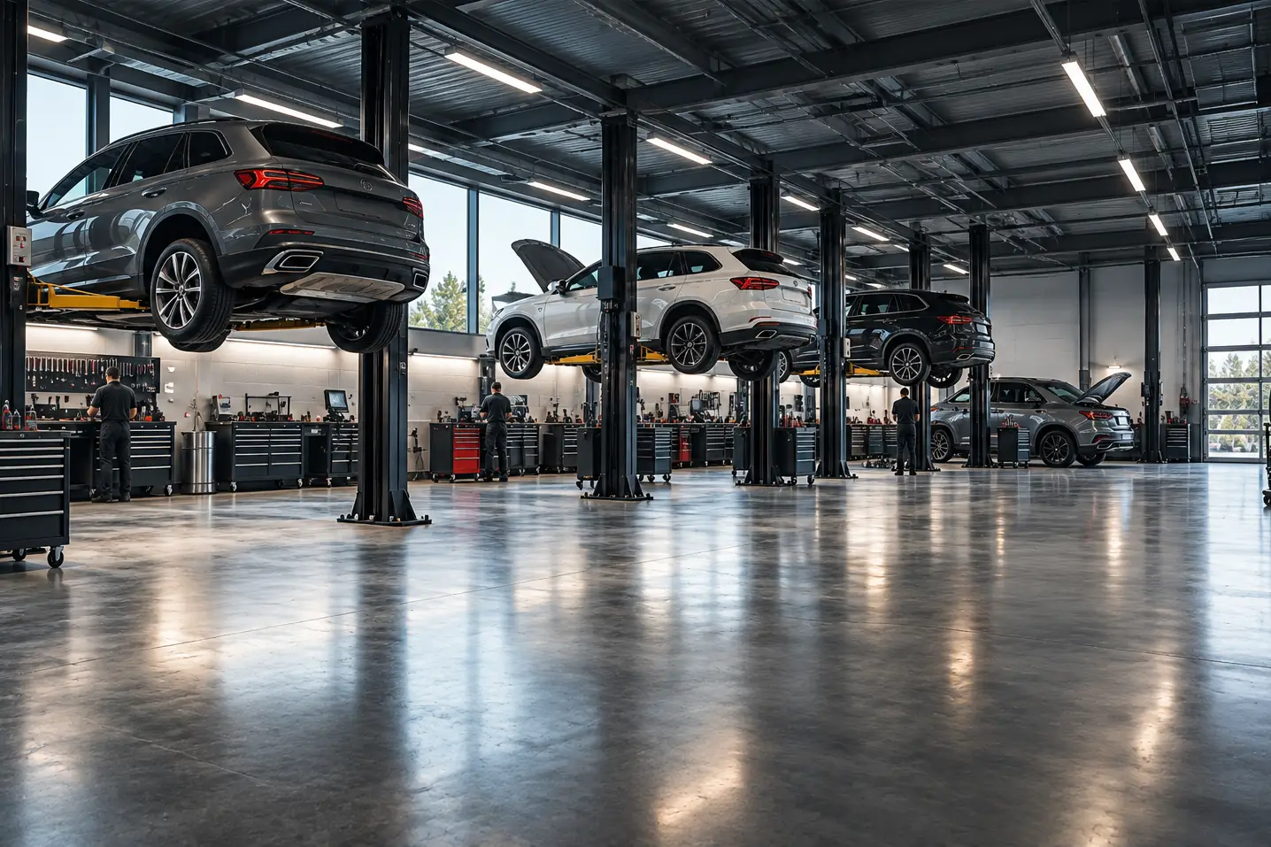 Clean workshop with several lifts and cars