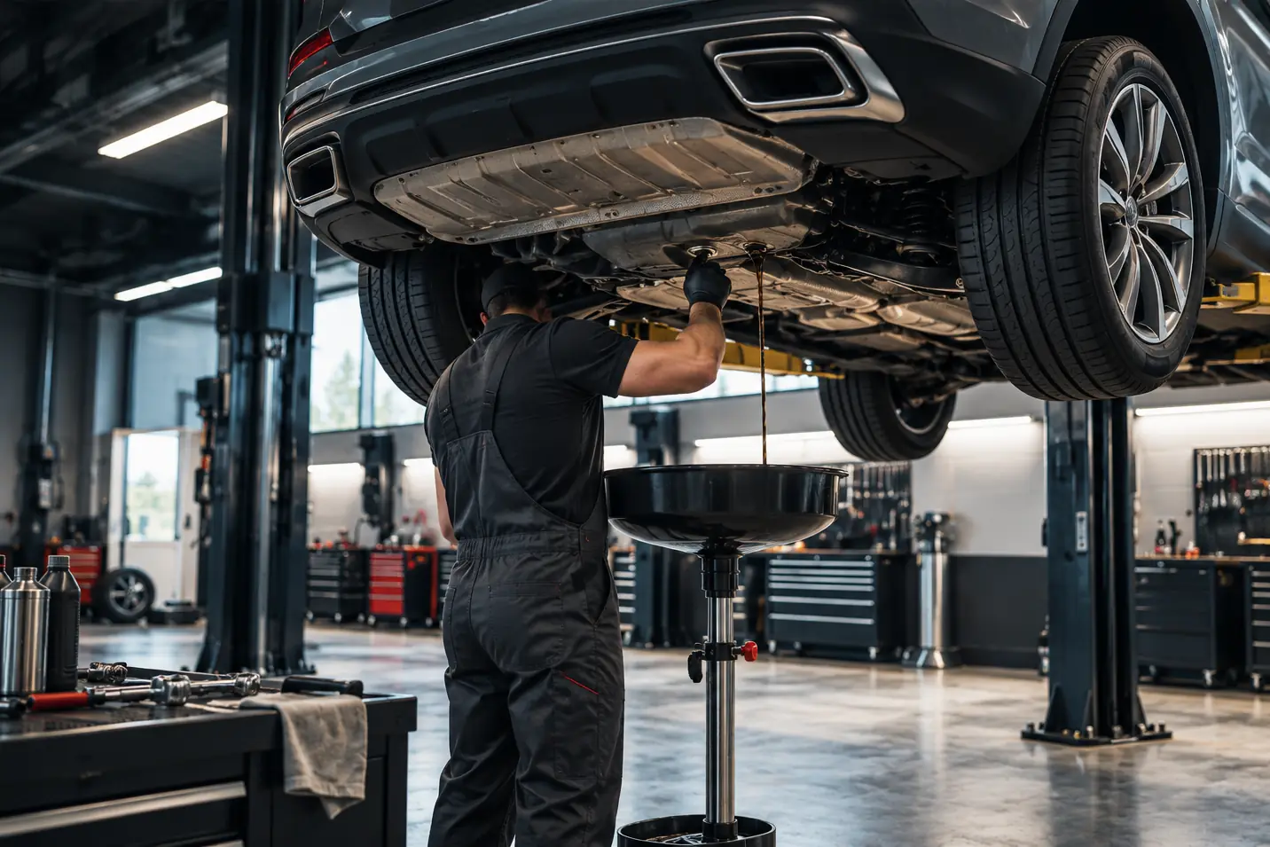 Mechanic changing the oil under the car