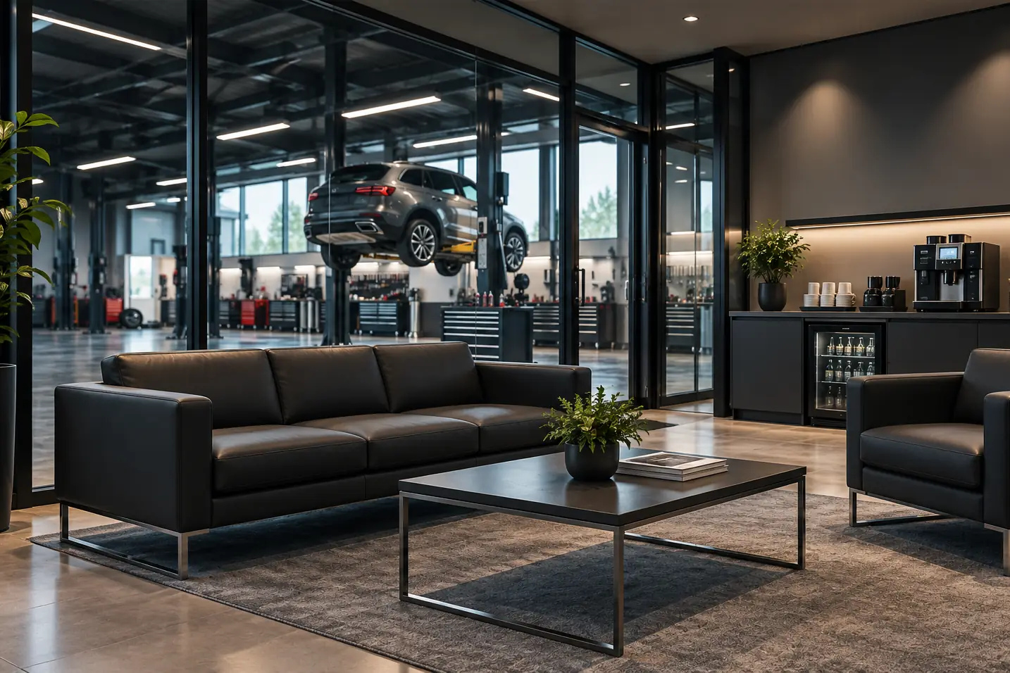 Customer waiting area with a sofa and a coffee machine
