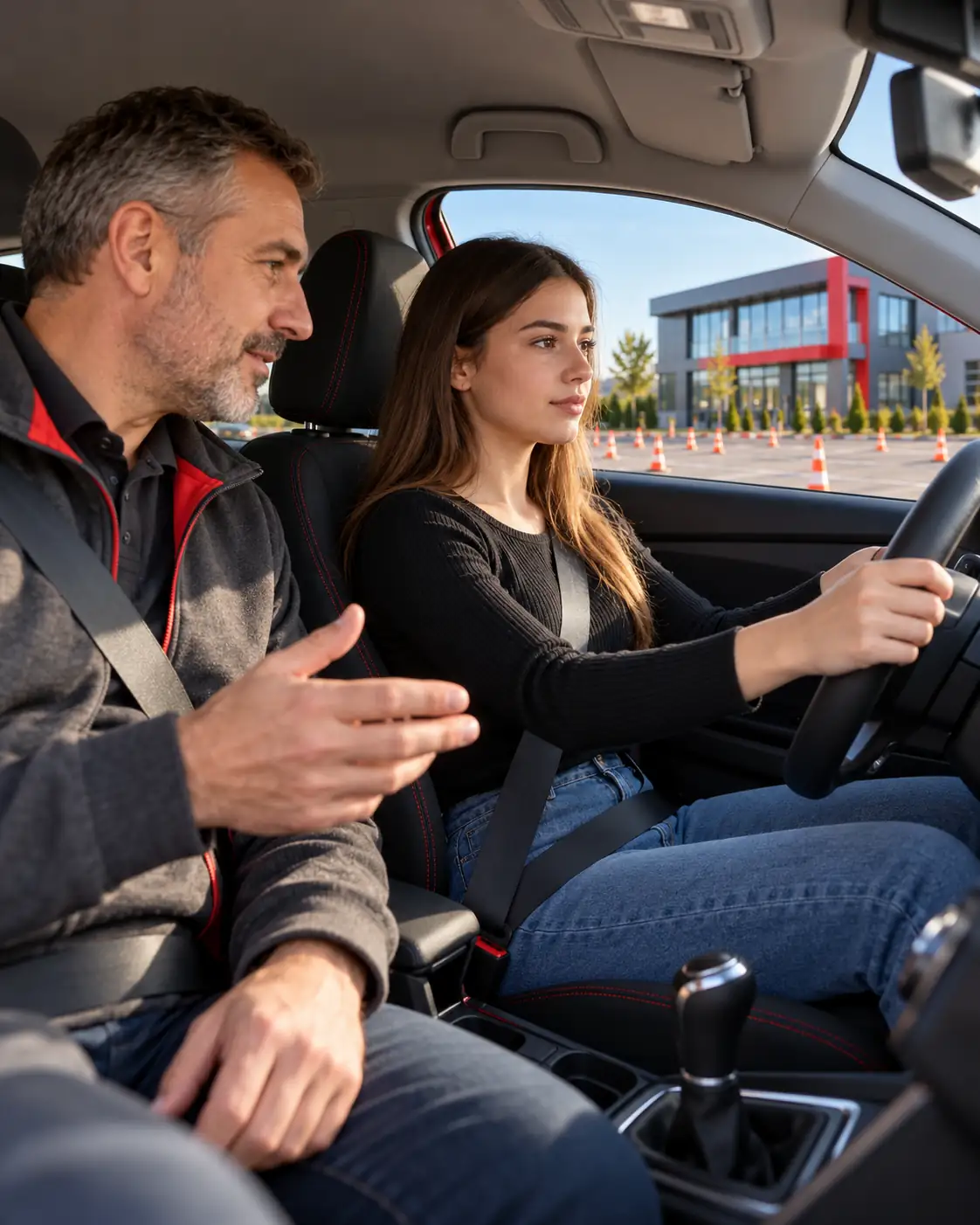 The instructor explaining while the learner drives the school car
