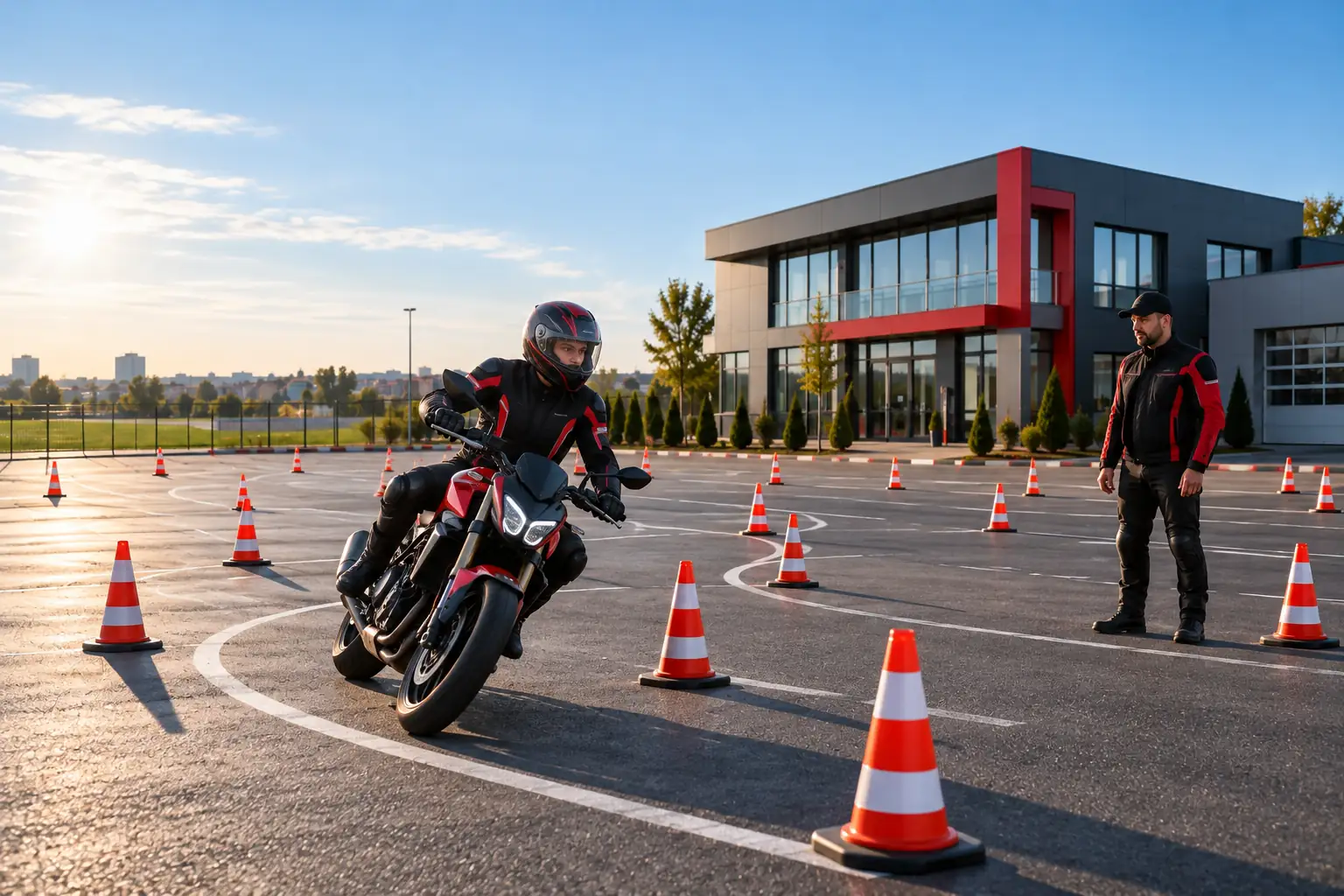 A motorcyclist among cones on the training ground, watched by the instructor