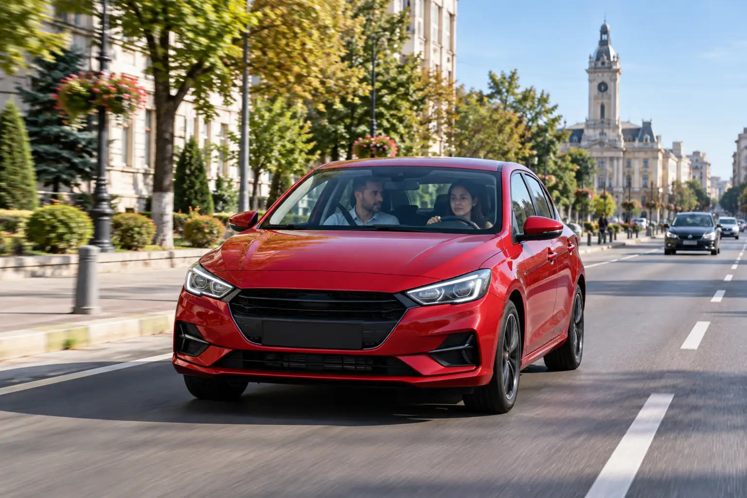 A red school car in traffic on a boulevard