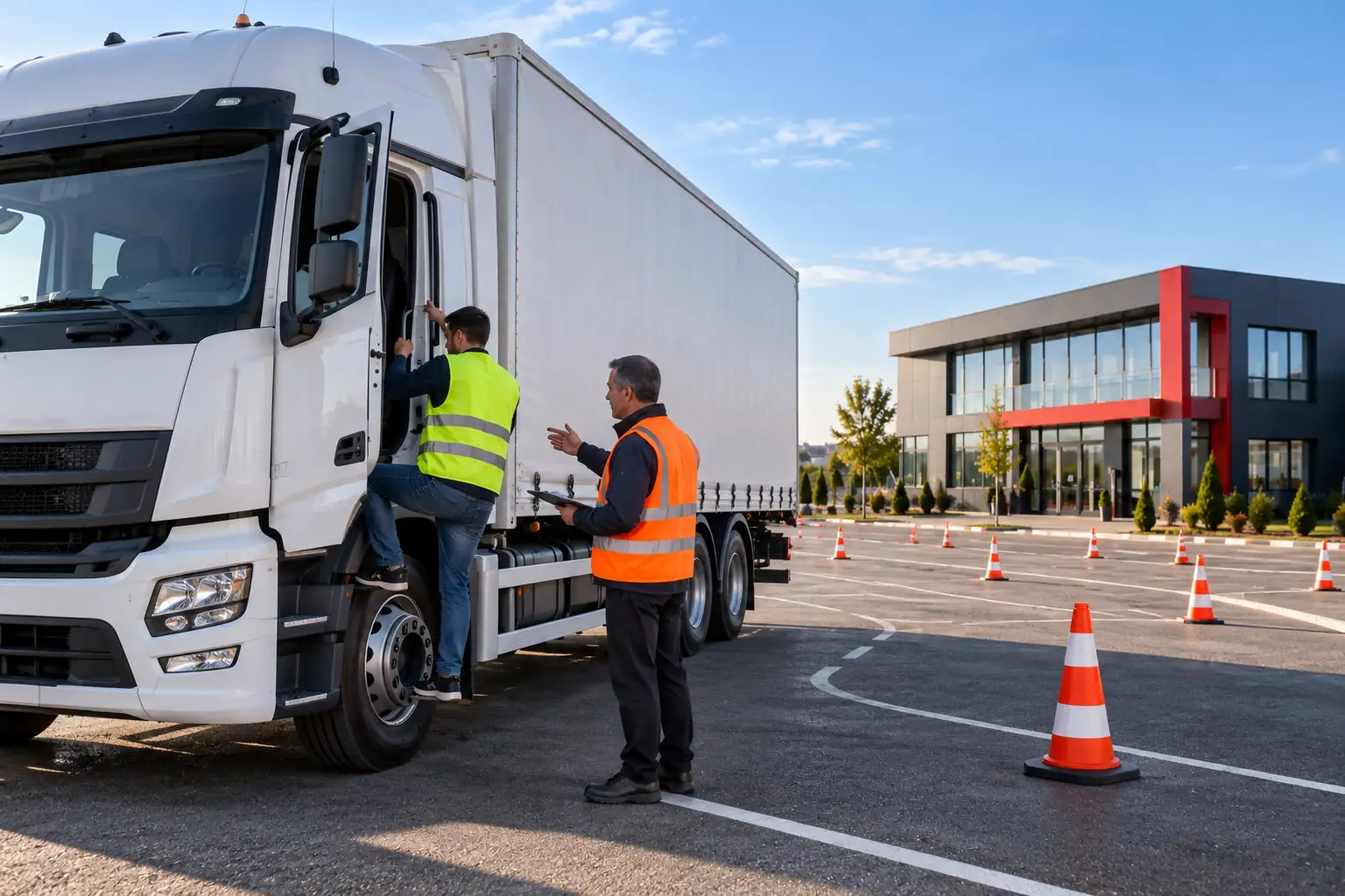 The school’s white lorry, with the instructor and a learner