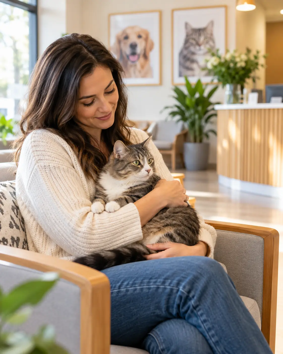 Owner holding a cat in the waiting room