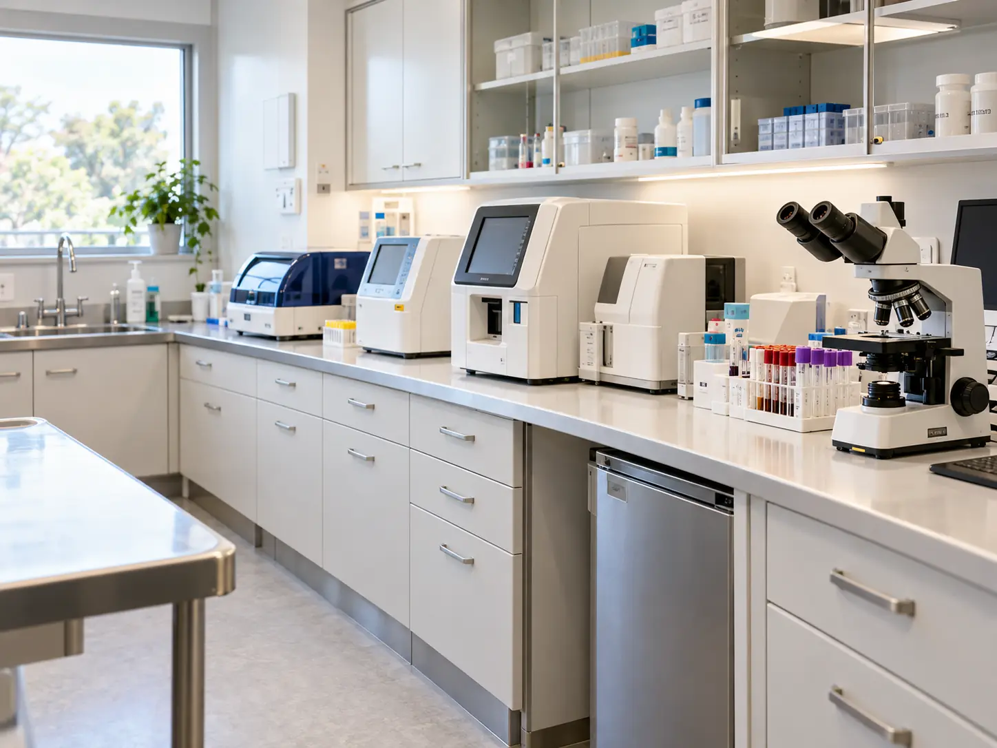 Laboratory with a microscope and analysers