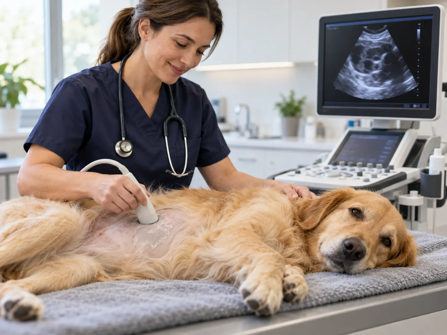 A vet performing an ultrasound scan on a dog