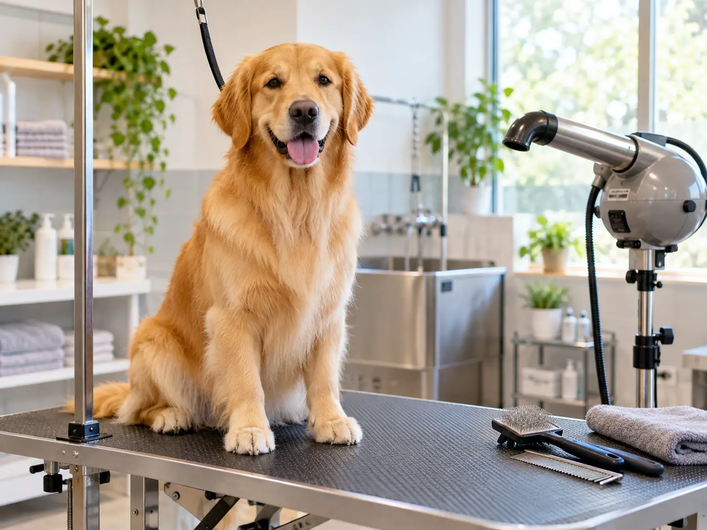 Dog on the grooming table next to the dryer