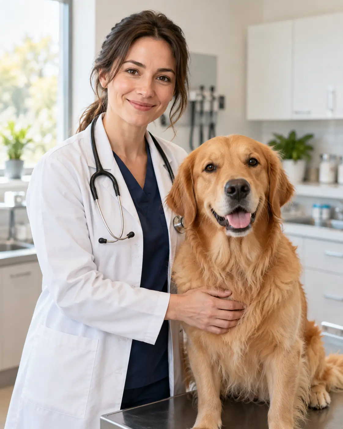Vet with a stethoscope next to a dog