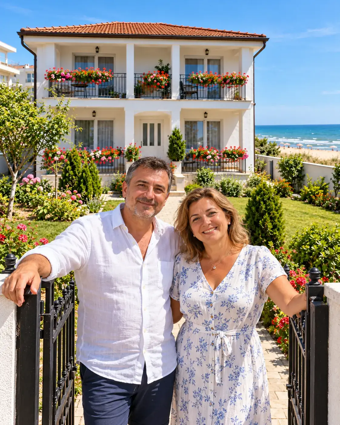 Gazdele vilei, Doina și Florin, la poarta grădinii
