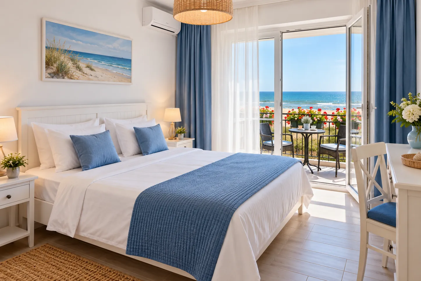 Camera dublă, cu pat matrimonial și ușă spre balconul cu vedere la mare